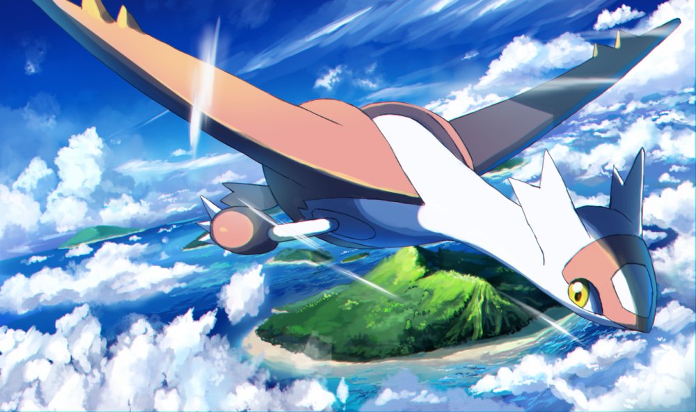 above_clouds bad_id bad_twitter_id cloud commentary day flying gen_3_pokemon island latias legendary_pokemon looking_to_the_side nintendo no_humans ocean outdoors pokemon pokemon_(creature) pokemon_focus rowdon sky solo water yellow_eyes
