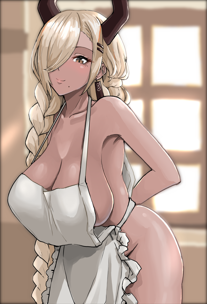 1girl adjusting_apron apron arms_behind_back asymmetrical_bangs azur_lane bare_shoulders blonde_hair blurry blurry_background braid breasts cleavage collarbone dark-skinned_female dark_skin earrings floating_earring hair_ornament hair_over_one_eye hair_over_shoulder hairclip hanging_breasts jewelry large_breasts leaning_forward long_hair looking_at_viewer mole mole_under_mouth naked_apron niceratus_kiotensis one_eye_covered owari_(azur_lane) sideboob smile solo thighs twin_braids very_long_hair white_apron window yellow_eyes