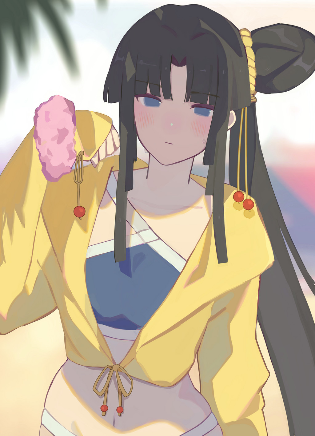 1girl asymmetrical_hair bikini black_hair blue_bikini blue_eyes blush fate/grand_order fate_(series) hair_bun highres jacket kshigatsu long_hair long_sleeves looking_at_viewer shadow side_ponytail single_side_bun solo sweat swimsuit ushiwakamaru_(fate) ushiwakamaru_(swimsuit_assassin)_(fate) ushiwakamaru_(swimsuit_assassin)_(first_ascension)_(fate) yellow_jacket