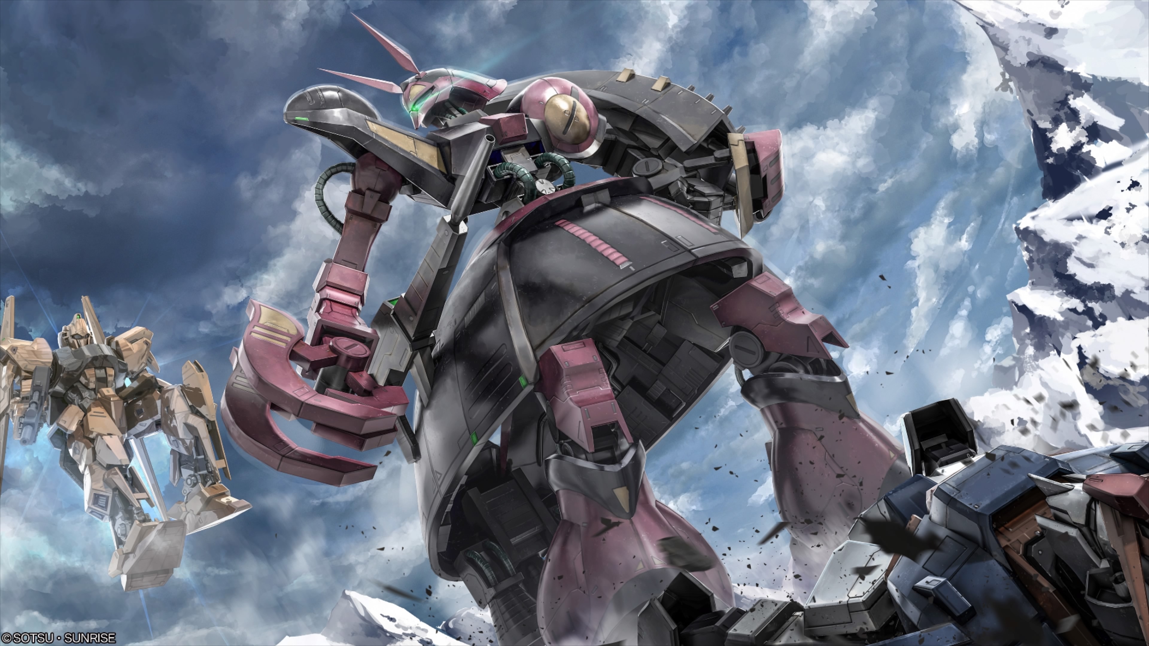 absurdres aeug artist_request baund_doc beam_rifle cable claws cloud cloudy_sky company_name copyright_notice debris energy_gun fake_screenshot flying gundam gundam_battle_operation_2 highres holding holding_weapon hyaku_shiki machinery mecha mecha_focus mobile_suit no_humans official_art realistic robot science_fiction shield sky snow sunrise_(company) thrusters titans_(gundam) v-fin weapon when_you_see_it zeta_gundam zeta_gundam_(mobile_suit)
