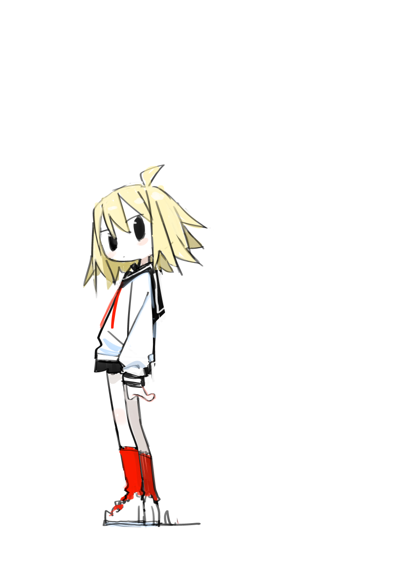 1girl ahoge arms_at_sides black_eyes black_sailor_collar black_skirt blonde_hair blush closed_mouth dot_mouth expressionless from_side full_body highres kneehighs kokaki_mumose long_sleeves looking_at_viewer looking_to_the_side miniskirt neck_ribbon null-meta red_ribbon red_socks ribbon sailor_collar school_uniform serafuku shirt shoes short_hair simple_background skirt sneakers socks solo standing sway_back uozumi_kurumi white_background white_shirt white_shoes