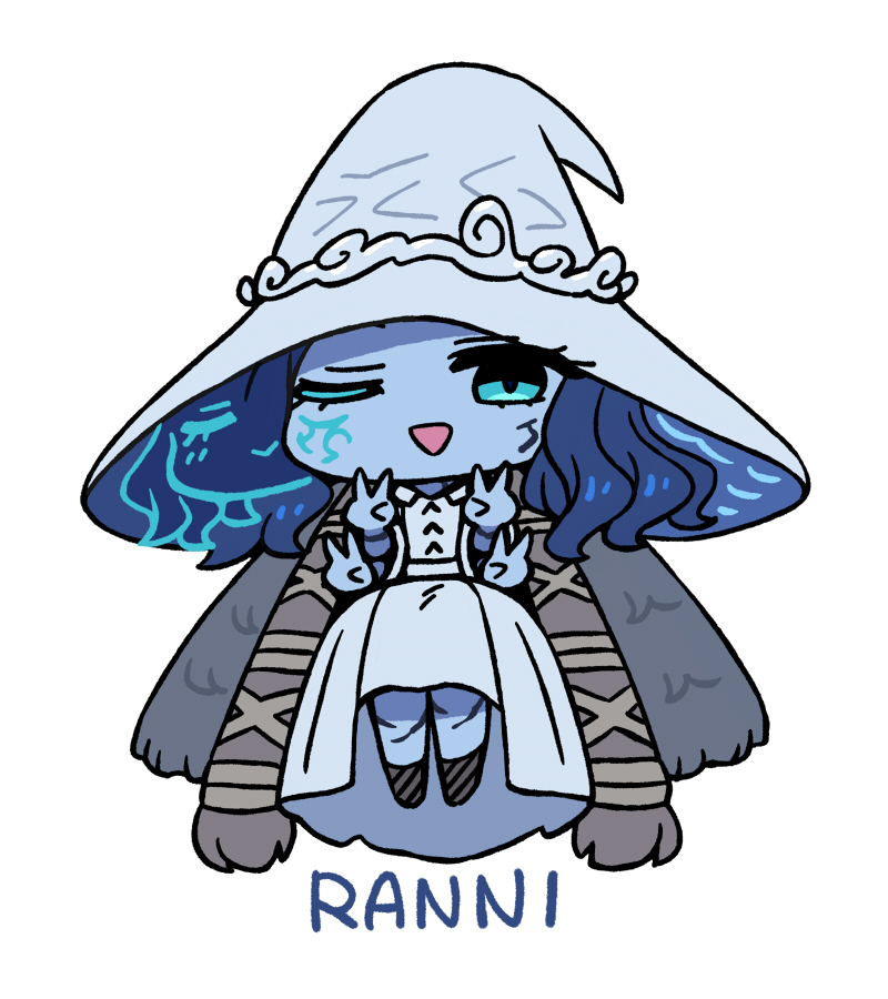 1girl ;d blue_eyes blue_hair blue_skin chan_co character_name chibi colored_skin elden_ring hat long_hair looking_at_viewer one_eye_closed open_mouth quadruple_v ranni_the_witch simple_background smile solo v white_background witch_hat