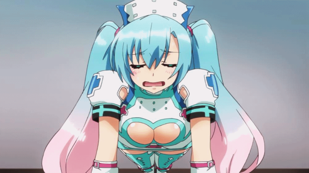 1girl angel animated animated_gif aqua_hair breasts cleavage cleavage_cutout clothing_cutout detached_sleeves exercising closed_eyes female_focus gradient_hair indoors large_breasts long_hair metatron_(nanatsu_no_bitoku) metatron_(the_seven_heavenly_virtues) multicolored_hair nanatsu_no_bitoku open_mouth pink_hair push-ups screencap solo the_seven_heavenly_virtues thighhighs twintails two-tone_hair