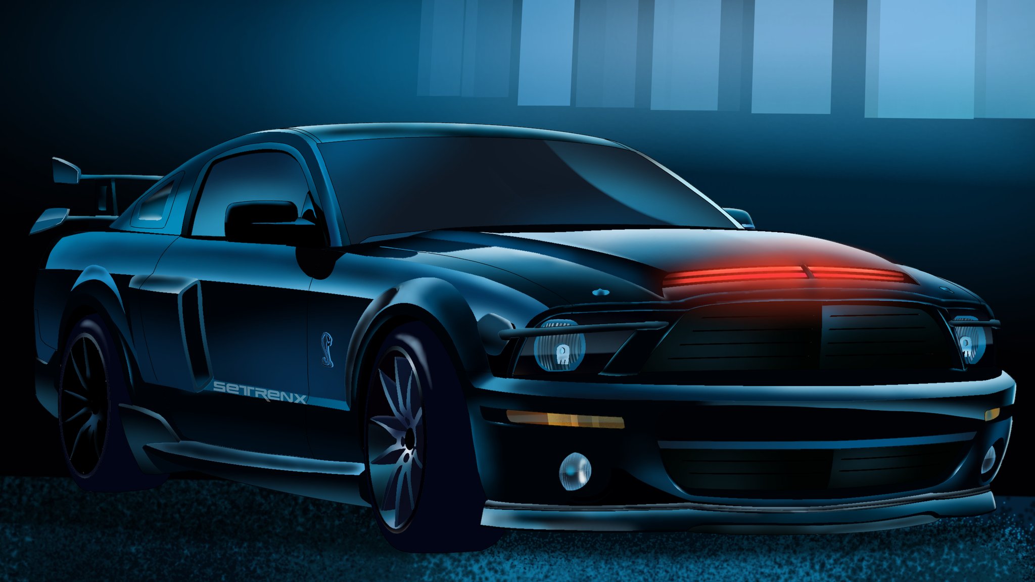 artist_name black_car car commentary english_commentary ford ford_mustang ford_mustang_s197 ford_mustang_shelby_gt500kr glowing han_(setrenx_lovato) highres k.i.t.t knight_rider knight_rider_(2008) motor_vehicle muscle_car no_humans shadow spoiler_(automobile) vehicle_focus