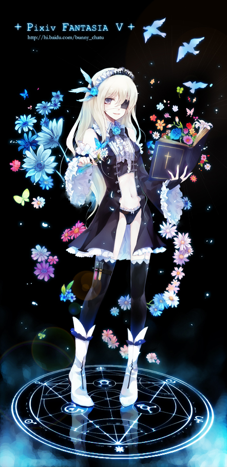 1girl bare_shoulders bible_(object) bikini bird black_background black_bikini black_bow black_coat black_flower black_sleeves black_thighhighs blonde_hair blue_bird blue_butterfly blue_fire blue_flower blue_rose book boots bow brooch bug butterfly center_frills clover coat collar collared_shirt commentary_request cropped_shirt daisy_(flower) detached_sleeves dot_nose dress_shirt eyelashes eyepatch feather_hair_ornament feathers fingerless_gloves fire flower flower_brooch four-leaf_clover frilled_bikini frilled_collar frilled_hairband frilled_sleeves frills full_body gloves hair_flower hair_ornament hairband holding holding_beaker holding_book insect jewelry lace lace-trimmed_thighhighs lace_trim leaf light_particles long_hair long_sleeves looking_at_viewer magic_circle navel neyti open_book open_clothes open_coat open_mouth orange_flower petals pink_flower pixiv_fantasia pixiv_fantasia_5 potion purple_eyes purple_flower red_flower reflective_floor ribbed_legwear rose shirt sleeveless sleeveless_coat smile solo standing stomach swimsuit thigh_strap thighhighs very_long_hair white_boots white_bow white_flower white_hairband white_shirt wide_sleeves yellow_flower
