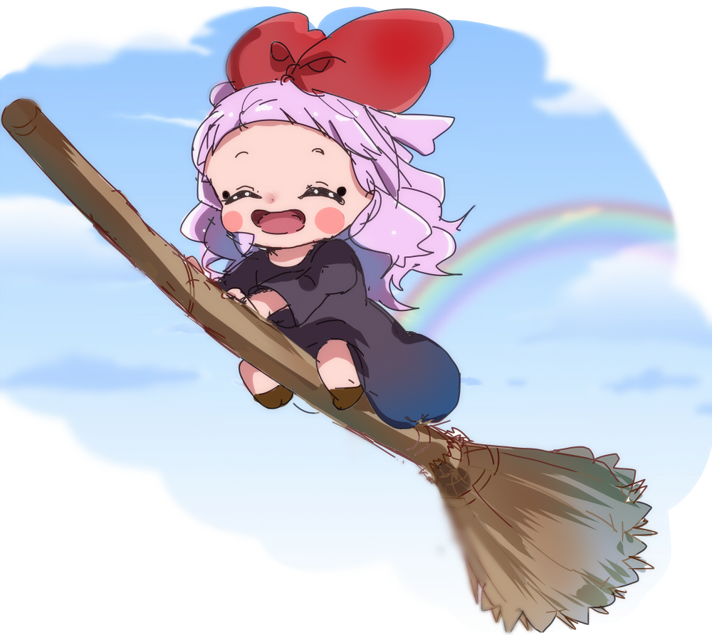 1girl :d ^_^ blue_sky blush_stickers bow broom broom_riding chibi closed_eyes cloud commentary_request cosplay day ellee-chan facing_viewer forehead hair_bow haru_(nature_life) hirogaru_sky!_precure kiki_(majo_no_takkyuubin) kiki_(majo_no_takkyuubin)_(cosplay) majo_no_takkyuubin open_mouth pink_hair precure rainbow red_bow sky smile solo