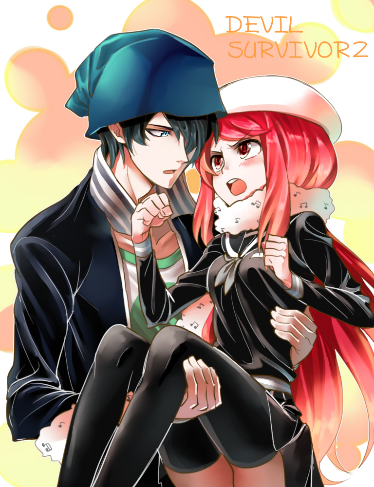 10s 1boy 1girl bad_id bad_pixiv_id ban_airi beanie black_hair black_legwear carrying devil_survivor_(series) devil_survivor_2 gradient_background hat long_hair princess_carry red_hair scarf short_hair torii_jungo yabu_(yb8548)