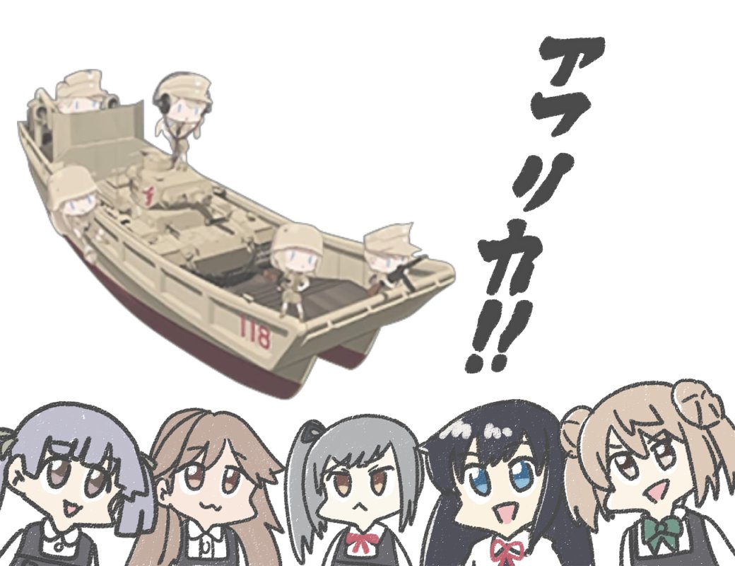 :3 arashio_(kancolle) arashio_kai_ni_(kancolle) asashio_(kancolle) asashio_kai_ni_(kancolle) black_hair blue_eyes brown_eyes brown_hair chibi combat_helmet daihatsu_(landing_craft) dress fairy_(kancolle) fallschirmhelm ferret-san grey_hair helmet kantai_collection kasumi_(kancolle) kasumi_kai_ni_(kancolle) landing_craft light_brown_hair long_hair michishio_(kancolle) michishio_kai_ni_(kancolle) military_vehicle motor_vehicle ooshio_(kancolle) ooshio_kai_ni_(kancolle) panzer_iii panzerfaust panzer_iii pinafore_dress ship shirt side_ponytail sleeveless sleeveless_dress stahlhelm tank translation_request twintails upper_body watercraft white_shirt
