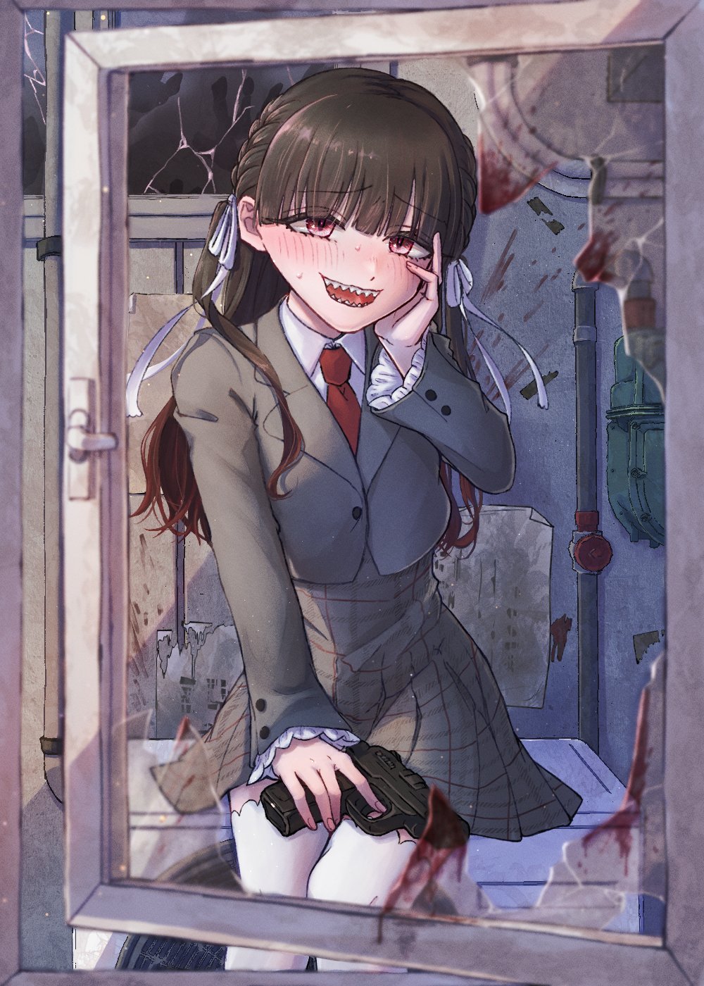 1girl :d baio_rin blood blood_on_glass blood_splatter blush braid broken_glass broken_window brown_hair cropped_jacket glass grey_jacket grey_skirt gun hair_ribbon hand_on_own_cheek hand_on_own_face handgun highres holding holding_gun holding_weapon jacket kimi_no_koto_ga_dai_dai_dai_dai_daisuki_na_100-nin_no_kanojo long_sleeves looking_at_viewer necktie oknomyk open_mouth open_window pink_eyes red_necktie ribbon school_uniform sharp_teeth sitting skirt smile solo teeth thighhighs weapon white_ribbon white_thighhighs window