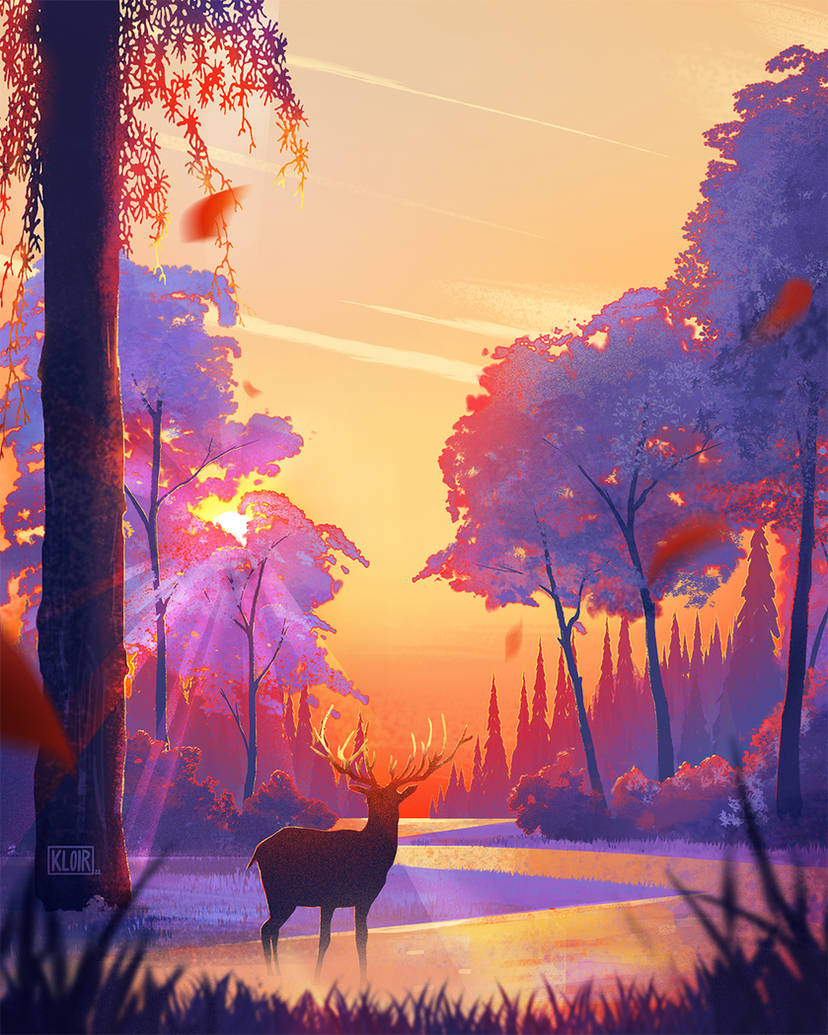 animal antlers bush commentary deer deer_antlers english_commentary forest gradient_sky grass horns kloir landscape nature no_humans orange_sky original painterly pine_tree pink_leaf river scenery sky sun sunlight sunset tree yellow_sky