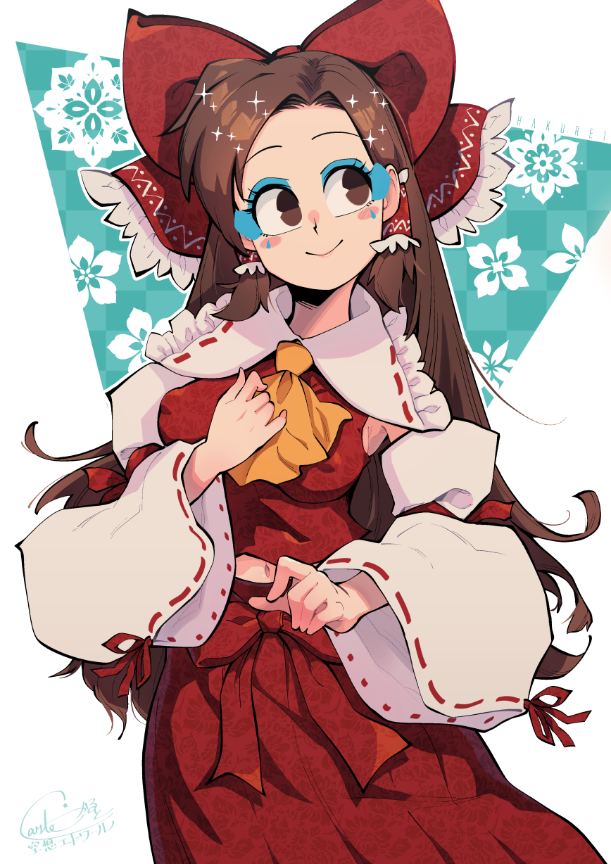 1girl breasts brown_hair carte hakurei_reimu highres long_hair no_bra small_breasts solo touhou