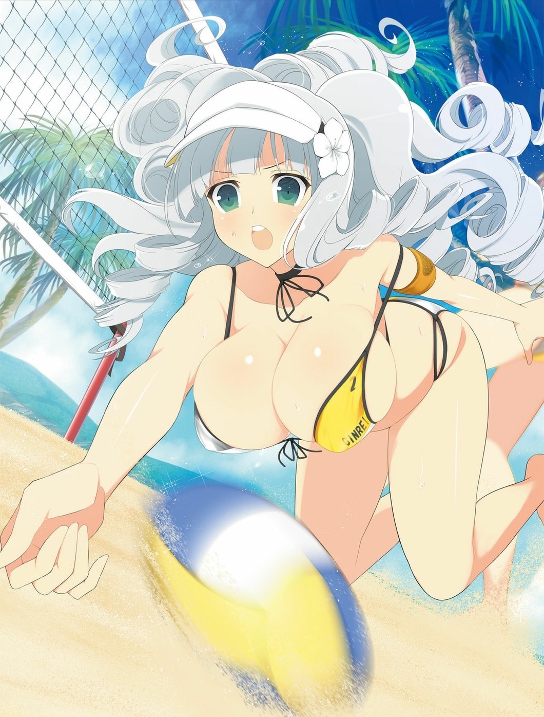 1girl ball bare_hips bare_legs bare_shoulders barefoot beach beach_volleyball bikini blocking breasts cleavage drill_hair flower front-tie_bikini_top front-tie_top ginrei_(senran_kagura) green_eyes hair_flower hair_ornament highres jumping large_breasts legs long_hair looking_down net open_mouth playing_sports sand senran_kagura sideboob solo sports_bikini sweat swimsuit thick_thighs thighs visor_cap volleyball volleyball_(object) white_hair