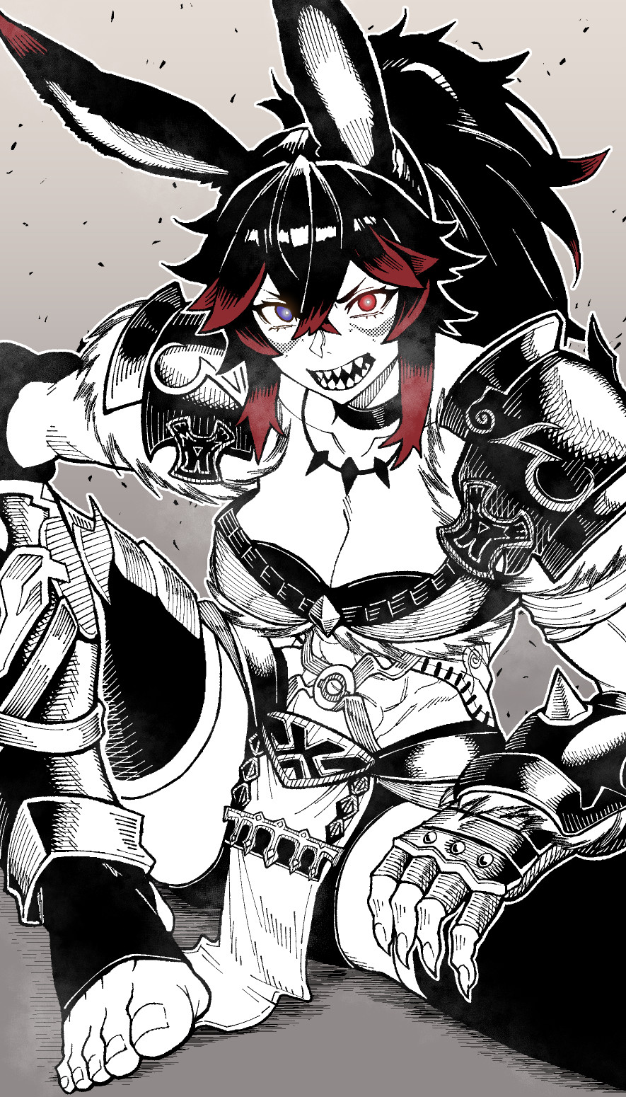 1girl animal_ears armor black_hair breasts cleavage collar collarbone feet fingernails fur-trimmed_armor fur_trim gauntlets gradient_hair hair_between_eyes heterochromia highres large_breasts leg_armor long_hair monochrome multicolored_hair open_mouth original ponytail purple_eyes rabbit_ears rabbit_girl red_eyes red_hair sharp_fingernails sharp_teeth shoulder_armor sitting solo spiked_gauntlets spot_color spread_legs teeth websake