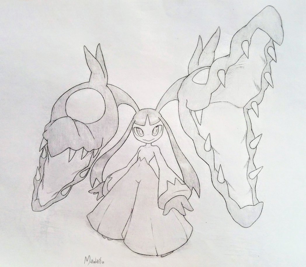 1girl arms_at_sides artist_name big_hair closed_mouth collarbone extra_mouth female_focus flat_chest full_body gen_3_pokemon greyscale living_hair long_hair looking_at_viewer mawaifu mawile mega_mawile mega_pokemon monochrome navel nintendo open_mouth pokemon pokemon_(creature) sharp_teeth signature simple_background solo standing stomach teeth thick_thighs thighs traditional_media very_long_hair white_background
