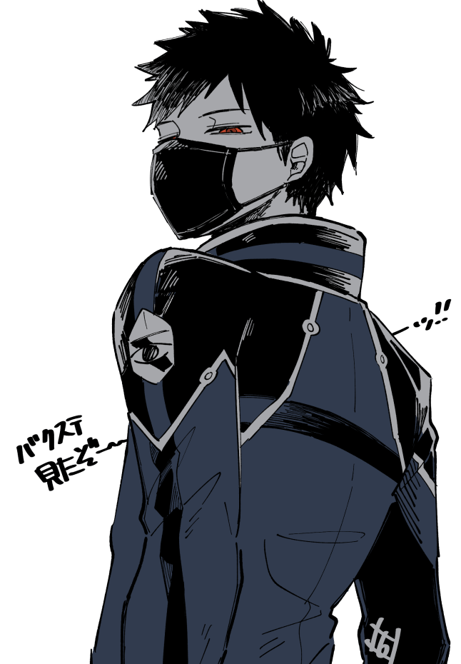 1boy covered_mouth from_behind gloves kaburock2002 kazama_souya kazama_squad&#039;s_uniform long_sleeves male_focus mask monochrome mouth_mask orange_eyes short_hair simple_background solo spot_color upper_body world_trigger