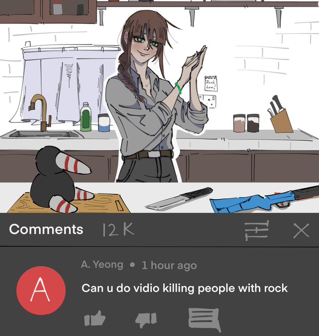 2girls alternate_costume amputee android ariane_yeong bracelet braid brown_hair button-down_collar cabinet chibi corrupted_storch_(signalis) counter curtains cutting_board derivative_work dishwashing_soap double-barreled_rifle double_amputee english_text fake_screenshot faucet green_eyes gun isolde_itou jewelry kill_someone_with_a_rock_(meme) kitchen_knife knife knife_block meme mini_person minigirl mole mole_under_eye multiple_girls own_hands_together ponytail rifle screenshot_redraw signalis single_braid sink sitting smile stonch_(meme) storch_(signalis) thunder0star weapon zombie