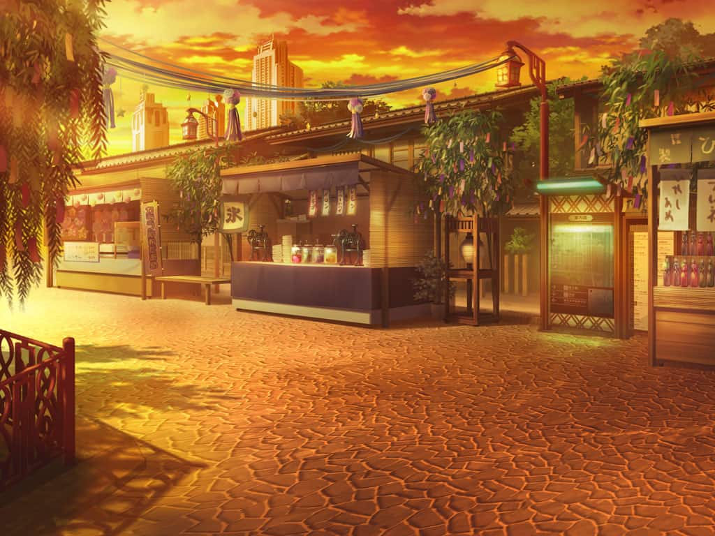 architecture artist_request bottle cloud cobblestone east_asian_architecture fence food_stand game_cg lamppost magia_record:_mahou_shoujo_madoka_magica_gaiden mahou_shoujo_madoka_magica map no_humans official_art orange_sky outdoors scenery sky skyline sparkle stream sunset tanabata tanzaku town tree willow