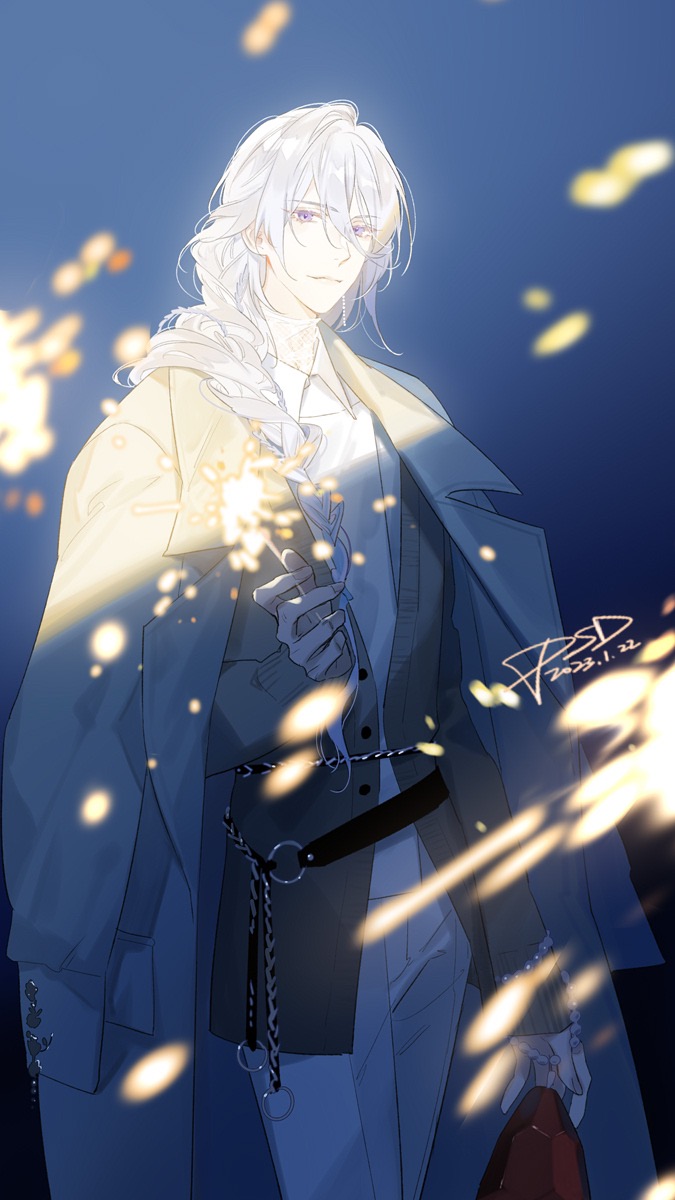 1boy arm_at_side bag belt black_belt blue_background braid brown_cardigan cael_anselm cardigan chain_belt chinese_commentary closed_mouth coat coat_on_shoulders collared_shirt cowboy_shot earrings embers fireworks hair_between_eyes hair_over_shoulder hand_up highres holding holding_bag holding_fireworks jewelry long_bangs long_hair long_sleeves looking_at_viewer lovebrush_chronicles male_focus o-ring o-ring_belt pants psd_(psdgai) purple_eyes shade shirt signature simple_background single_braid single_earring smile solo sparkler standing undershirt white_coat white_hair white_pants white_shirt white_undershirt