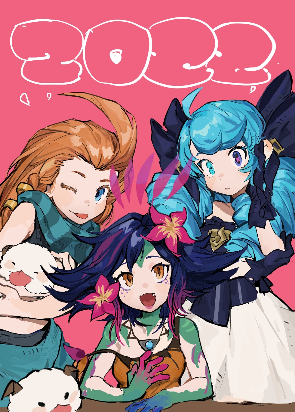 3girls :d ahoge bare_arms bare_shoulders black_bow black_dress black_gloves bow breasts dress drill_hair fang flipped_hair flower ghostgrass gloves green_scarf grey_dress gwen_(league_of_legends) hair_bow hair_flower hair_ornament highres holding league_of_legends long_hair looking_at_viewer multiple_girls neeko_(league_of_legends) off_shoulder one_eye_closed open_mouth orange_eyes orange_shirt pink_background pink_flower pink_hair poro_(league_of_legends) purple_hair scarf shirt simple_background small_breasts smile striped_clothes striped_scarf tank_top tongue tongue_out twin_drills zoe_(league_of_legends)