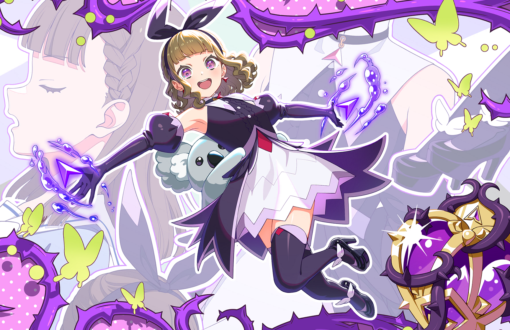 1girl :d black_dress black_gloves black_hairband black_thighhighs blunt_bangs braid breasts brown_hair center-flap_bangs dress elbow_gloves full_body game_cg gloves hairband heart-shaped_gem highres kachimachi_kosuzu kachimachi_kosuzu_(mahou_shoujo_rhythmic_heart) koala link!_like!_love_live! long_hair looking_at_viewer love_live! magic magical_girl medium_breasts multicolored_dress multiple_views official_alternate_costume official_alternate_hairstyle official_art open_mouth outline outstretched_arms pink_eyes plant platform polka_dot sandals short_dress side_braids smile spread_arms teeth thighhighs third-party_source upper_teeth_only v-shaped_eyebrows vines virtual_youtuber wavy_hair white_dress white_outline zettai_ryouiki