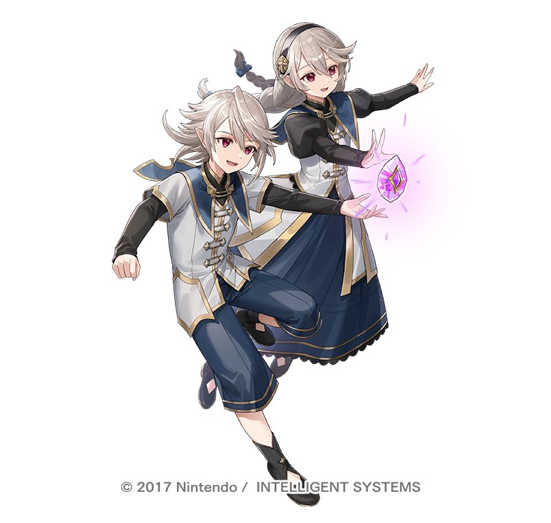 1boy 1girl attack black_hairband braided_twintails copyright_notice corrin_(female)_(fire_emblem) corrin_(female)_(young_kinship)_(fire_emblem) corrin_(fire_emblem) corrin_(male)_(fire_emblem) corrin_(male)_(young_kinship)_(fire_emblem) dragonstone dual_persona fire_emblem fire_emblem_fates fire_emblem_heroes grey_hair hairband matching_outfits mirror_twins nima_(niru54) nintendo official_art open_mouth pointy_ears red_eyes siblings simple_background smile twins twintails white_background