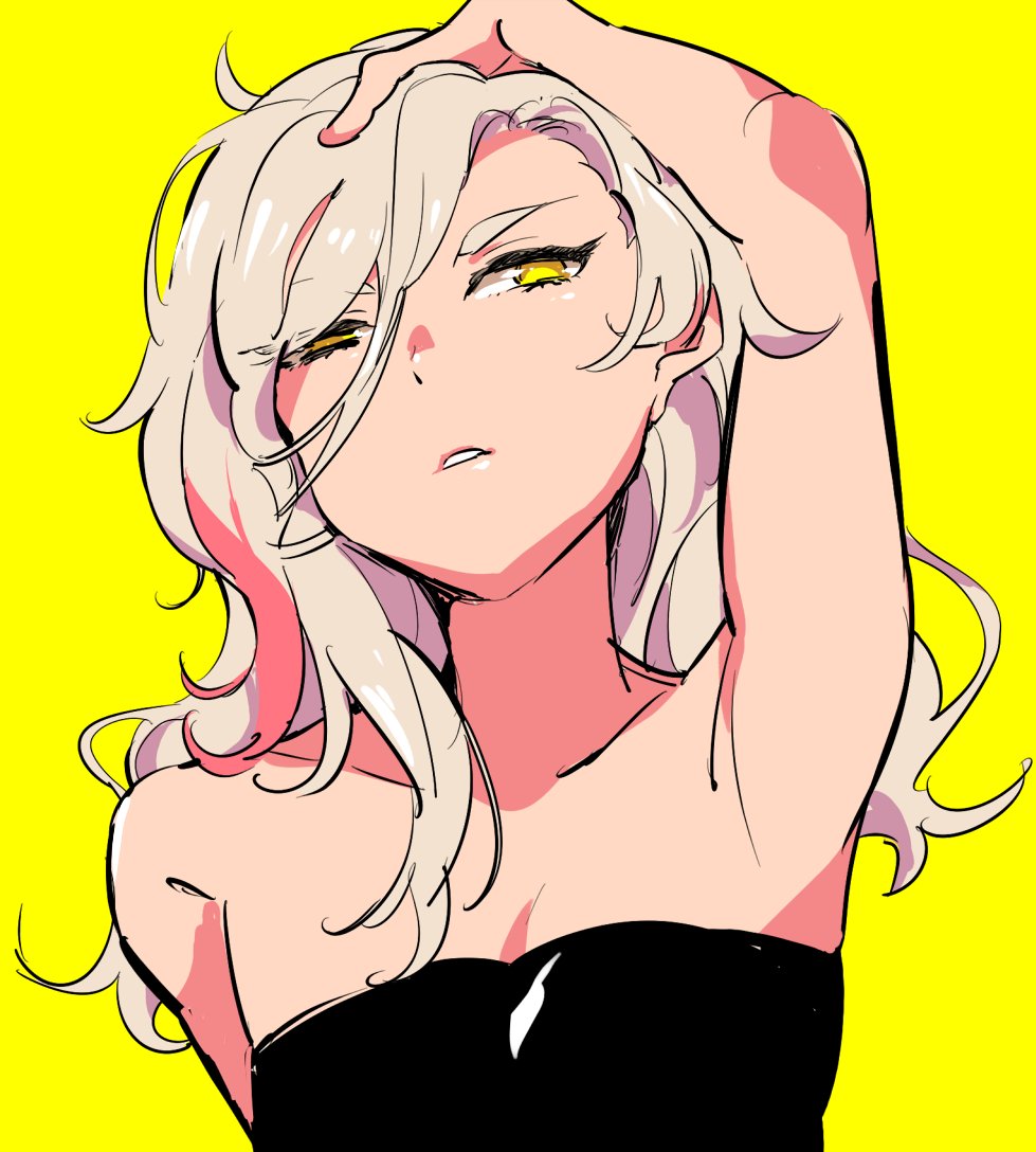 1girl aikatsu! aikatsu!_(series) arm_up armpits bare_shoulders blonde_hair breasts cleavage kurosawa_rin long_hair looking_at_viewer messy_hair multicolored_hair parted_lips pink_hair shiontaso simple_background solo streaked_hair third-party_source upper_body yellow_background yellow_eyes