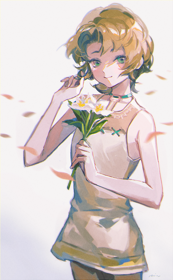 1girl bare_arms bare_shoulders brown_hair brown_shirt closed_mouth cowboy_shot falling_petals flat_chest flower green_eyes holding holding_flower ilia looking_at_viewer nintendo orange_petals petals playing_with_own_hair rain_rkgk shirt short_hair sleeveless sleeveless_shirt solo standing the_legend_of_zelda the_legend_of_zelda:_twilight_princess white_background white_flower