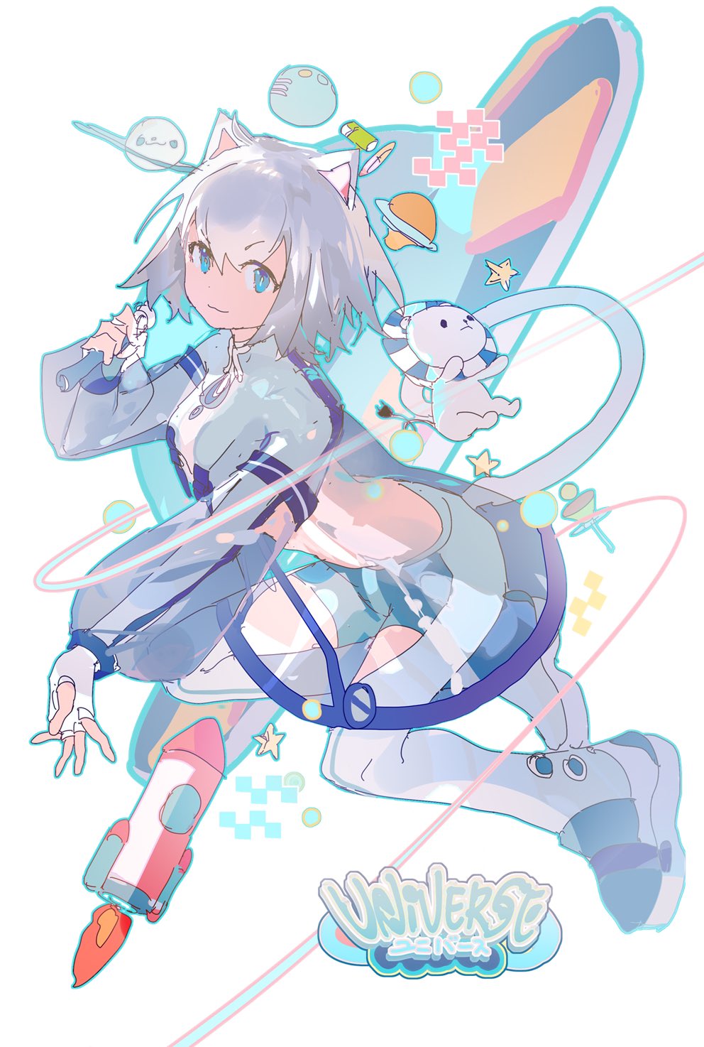 1girl animal_ears blue_eyes blue_shoes blue_shorts cat_ears cat_tail closed_mouth clothing_cutout dress english_text fingerless_gloves full_body gloves highres holding holding_wand layered_sleeves light_smile lobelia_(saclia) long_sleeves looking_at_viewer maimai_(game) medium_hair milk_(maimai) mixed-language_text pantyhose planet planetary_ring rocket see-through_clothes see-through_dress see-through_sleeves shoes short_dress shorts simple_background solo star_(symbol) stomach tail thigh_cutout v-shaped_eyebrows wand white_background white_dress white_gloves white_hair white_pantyhose white_sleeves