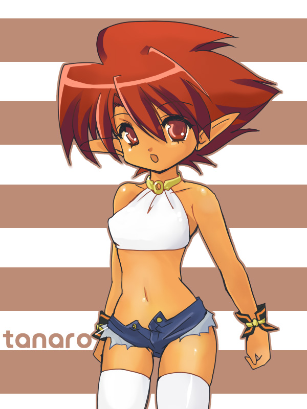 00s bad_id bad_pixiv_id denim denim_shorts halterneck halterneck kusano_gurima magician&#039;s_academy midriff navel pointy_ears red_eyes red_hair short_hair shorts solo tanarot thighhighs wristband