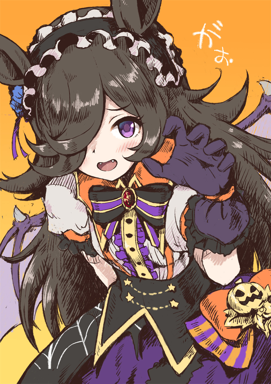 1girl animal_ears bat_wings blush bow bowtie brown_hair claw_pose fangs frilled_hairband frills gloves hair_over_one_eye hairband hand_up highres horse_ears long_hair looking_at_viewer orange_background orange_bow puffy_short_sleeves puffy_sleeves purple_eyes purple_gloves purple_skirt raised_eyebrows rice_shower_(make_up_vampire!)_(umamusume) rice_shower_(umamusume) satomura_kyou shirt short_sleeves skirt solo umamusume upper_body white_shirt wings