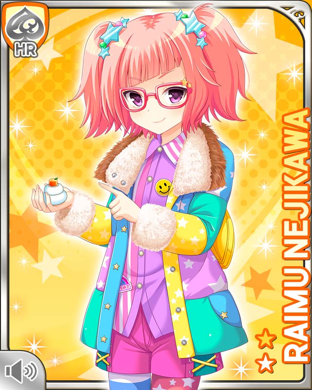 1girl asymmetrical_legwear character_name closed_mouth coat crossed_arm female_focus food fur_collar girlfriend_(kari) glasses hair_ornament holding looking_at_viewer medium_hair mismatched_legwear mochi nejikawa_raimu official_art pink_hair pocket purple_eyes purple_shirt qp:flapper shirt shoes skates smile sneakers solo standing tagme tool twintails winter_clothes winter_coat yellow_background