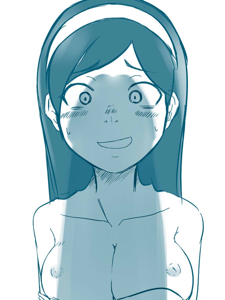 1girl artist_request breasts dress erection hairband hetero imminent_penetration kumashiro_maya long_hair looking_at_penis looking_at_viewer medium_breasts nervous_smile nipples no_bra nude penis penis_shadow seikimatsu_occult_gakuin simple_background smile solo undressing upper_body white_background