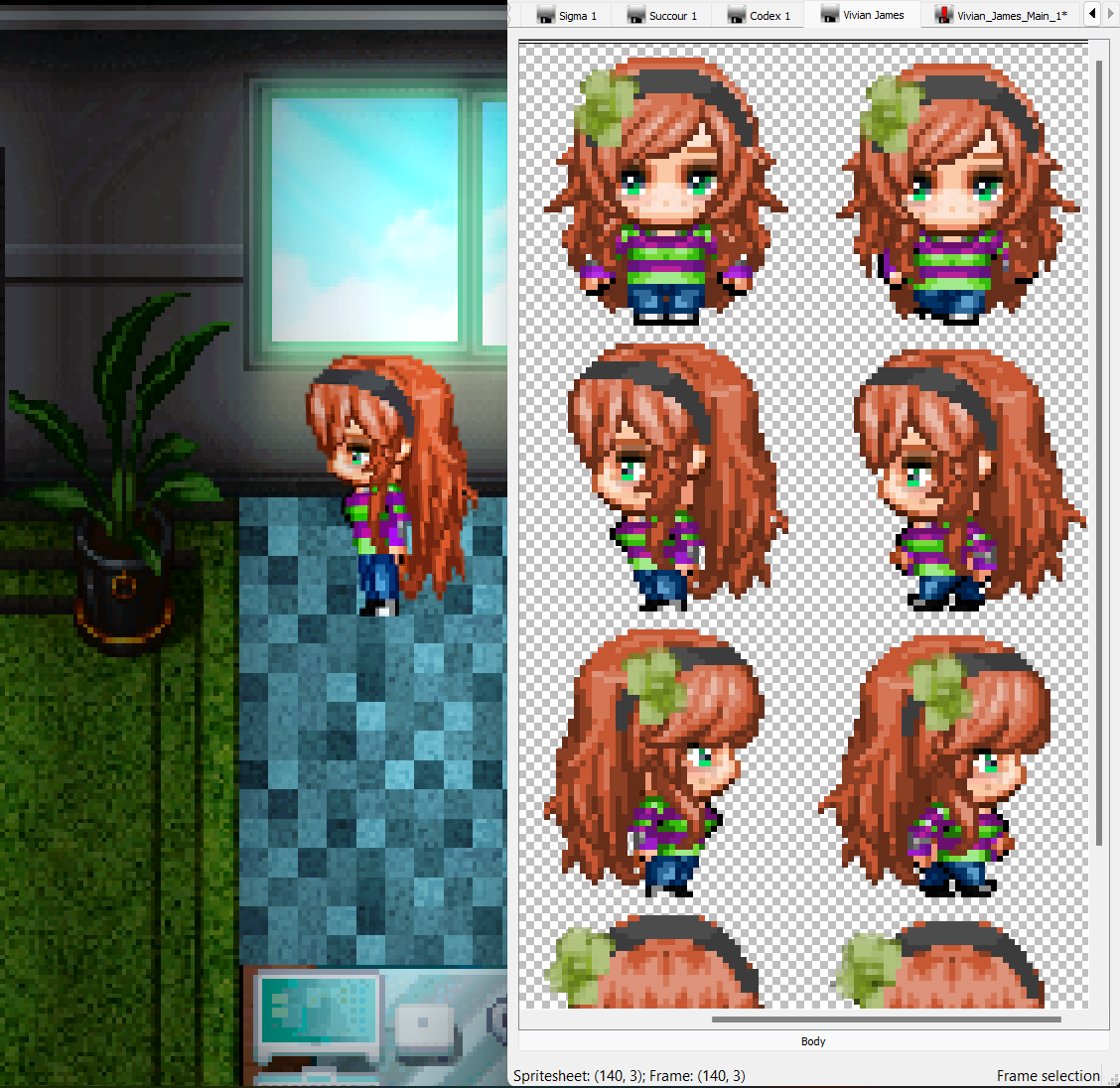 clover_hair_ornament freckles game_sprite green_eyes hair_ornament orange_hair pixel_art shirt sigma_succor sprite_art sprite_sheet striped_clothes striped_shirt vivian_james walk_cycle