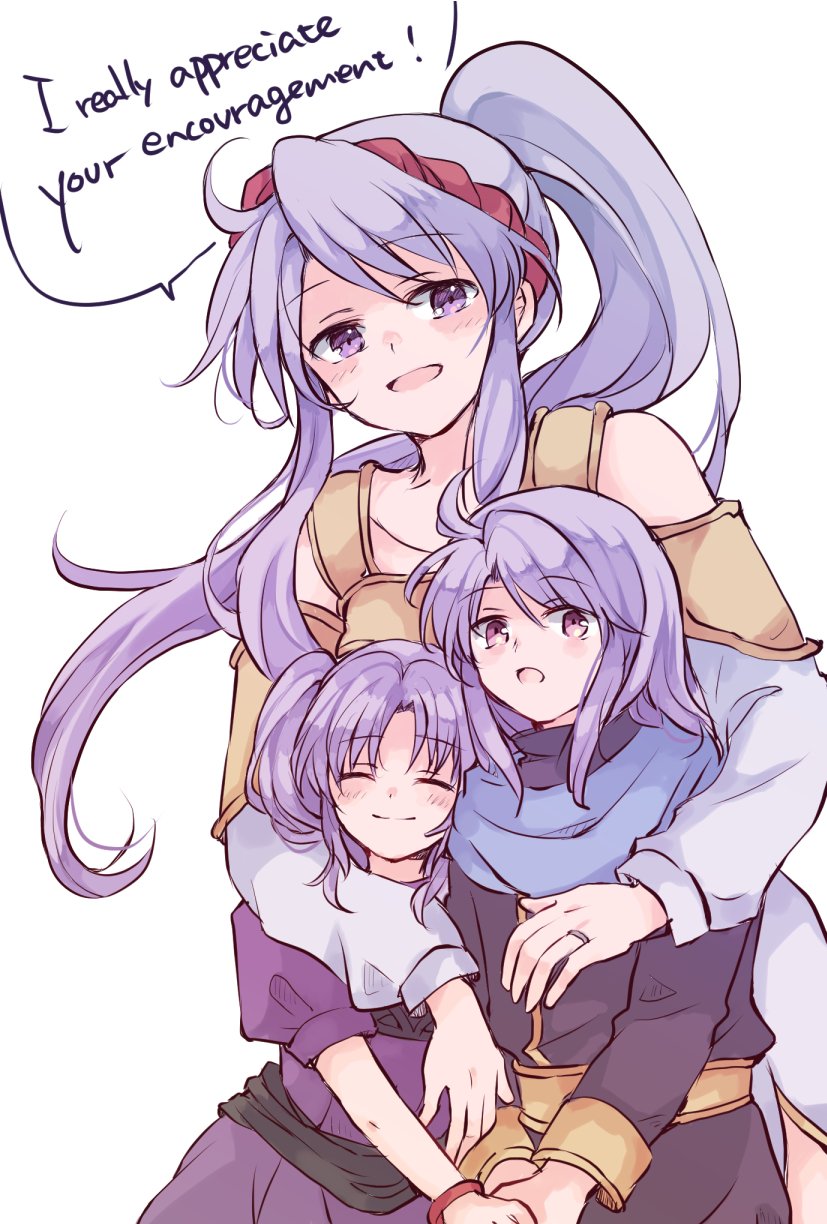 arthur_(fire_emblem:_genealogy_of_the_holy_war) bracelet brother_and_sister closed_eyes dialogue_box english_text fire_emblem fire_emblem:_genealogy_of_the_holy_war highres jewelry kitano_373 long_hair looking_at_viewer mother_and_daughter mother_and_son nintendo ponytail purple_eyes purple_hair ring scarf siblings smile speech_bubble tailtiu_(fire_emblem) tine_(fire_emblem) twintails