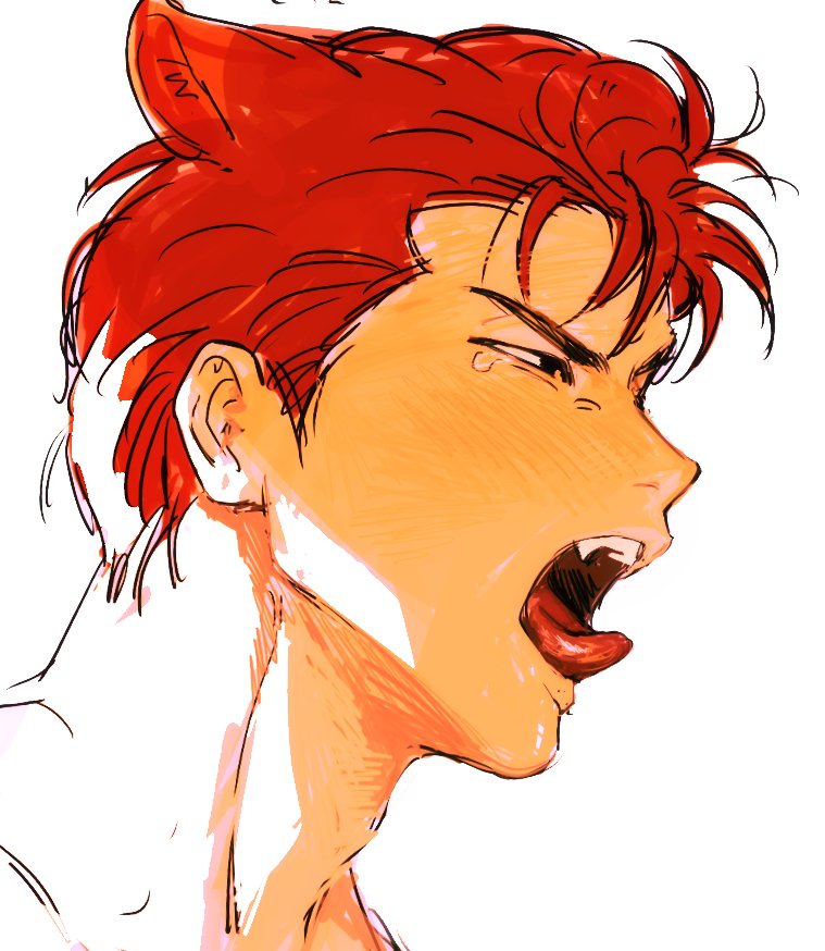 1boy 79_(ww034518291) adam&#039;s_apple animal_ear_fluff animal_ears commentary_request fang kemonomimi_mode korean_commentary male_focus open_mouth profile red_hair sakuragi_hanamichi sideburns simple_background slam_dunk_(series) solo teeth tongue tongue_out upper_teeth_only white_background yawning