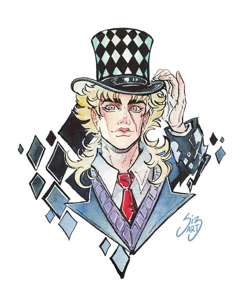 1boy adjusting_clothes adjusting_headwear argyle_clothes argyle_hat blonde_hair commentary cropped_shoulders english_commentary hand_on_headwear hat hat_tip jojo_no_kimyou_na_bouken long_hair male_focus necktie painting_(medium) phantom_blood portrait red_necktie robert_e._o._speedwagon scar scar_on_face shirt si3art signature solo top_hat traditional_media watercolor_(medium) white_background white_shirt yellow_eyes