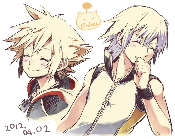 2boys bad_id bad_pixiv_id brown_hair chain chain_necklace closed_eyes covering_own_mouth cropped_shoulders cropped_torso dated english_text grey_hair hand_over_own_mouth hood hood_down jewelry kingdom_hearts kingdom_hearts_3d:_dream_drop_distance laughing light_blush male_focus moogle multiple_boys necklace pendant riku_(kingdom_hearts) short_hair smile sora_(kingdom_hearts) spiked_hair tore_(ksg666xxx) upper_body vest white_background white_vest