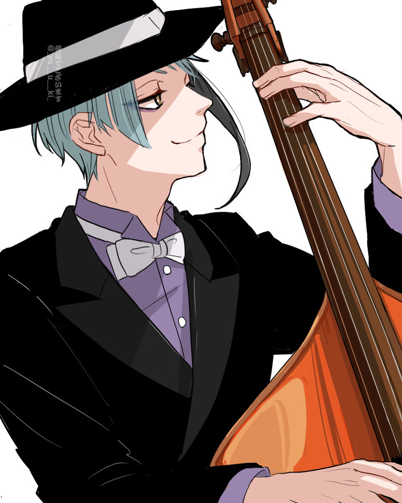 1boy black_jacket blue_hair brown_eyes cello commentary_request instrument jacket jade_leech looking_to_the_side male_focus music playing_instrument purple_shirt shirt short_hair simple_background smile solo twisted_wonderland upper_body white_background yuuki_(yukko7474)