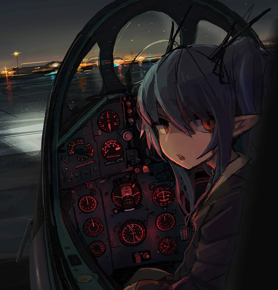 1girl antlers bee_(deadflow) black_ribbon building cockpit female_focus green_hair hair_ribbon horns jacket kuryuu_kohaku light long_hair looking_away looking_back mig-21 open_mouth orange_eyes original pilot pointy_ears rain ribbon russian_text solo twintails vehicle water