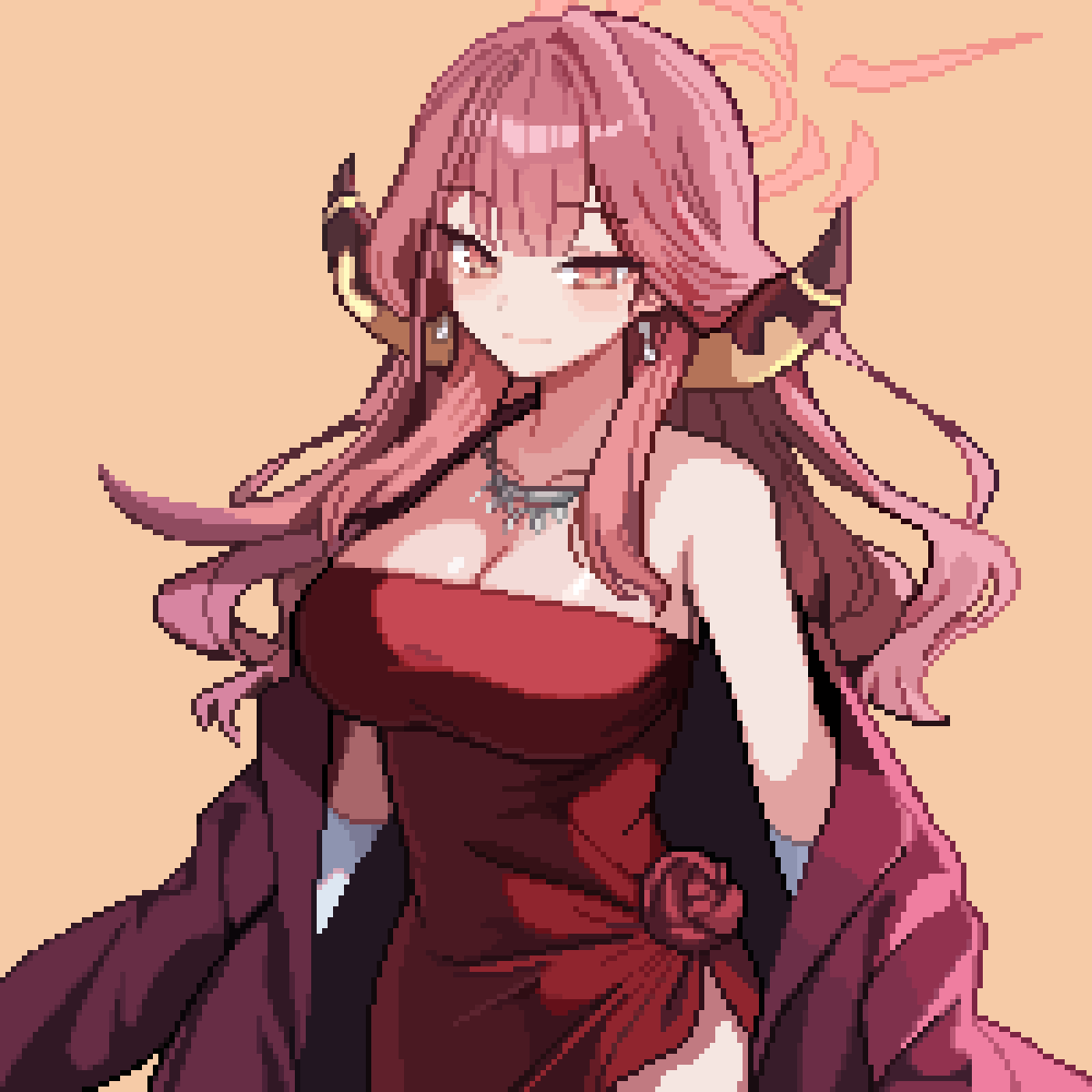 1girl aru_(blue_archive) aru_(dress)_(blue_archive) blue_archive breasts brown_horns coat demon_horns diamond_necklace dress halo highres horns large_breasts official_alternate_costume pink_halo pixel_art red_coat red_dress solo tinia_etru