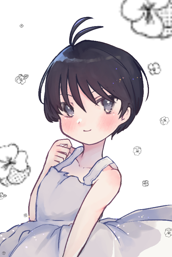 antenna_hair black_hair dress floral_background grey_eyes idolmaster idolmaster_(classic) idolmaster_1 kikuchi_makoto light_blush miringadaiji short_hair simple_background sleeveless sleeveless_dress smile white_background white_dress