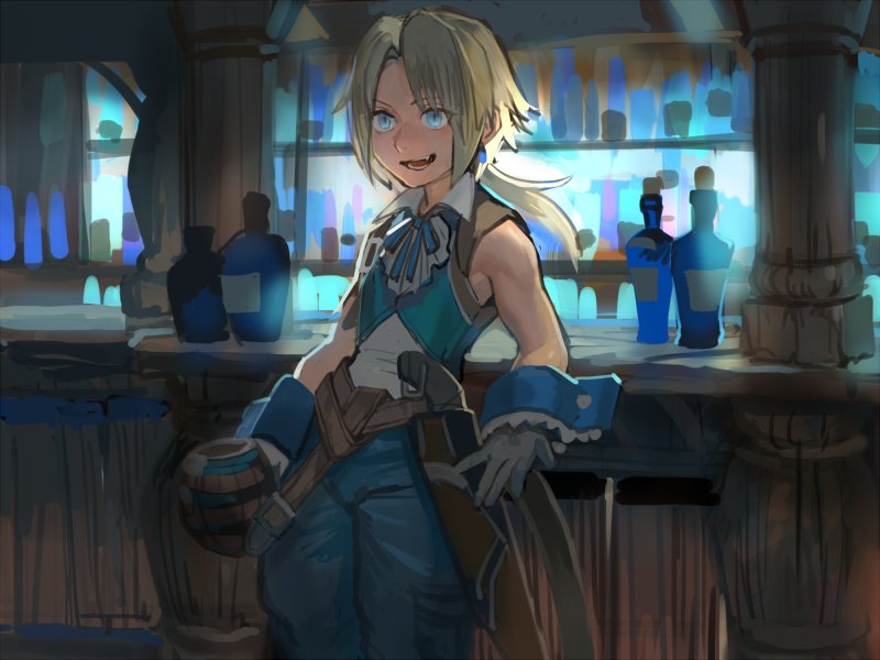 1boy barrel blonde_hair blue_eyes bottle dagger final_fantasy final_fantasy_ix gloves knife male_focus monkey_tail open_mouth sasumata_jirou smile solo square_enix tail weapon zidane_tribal