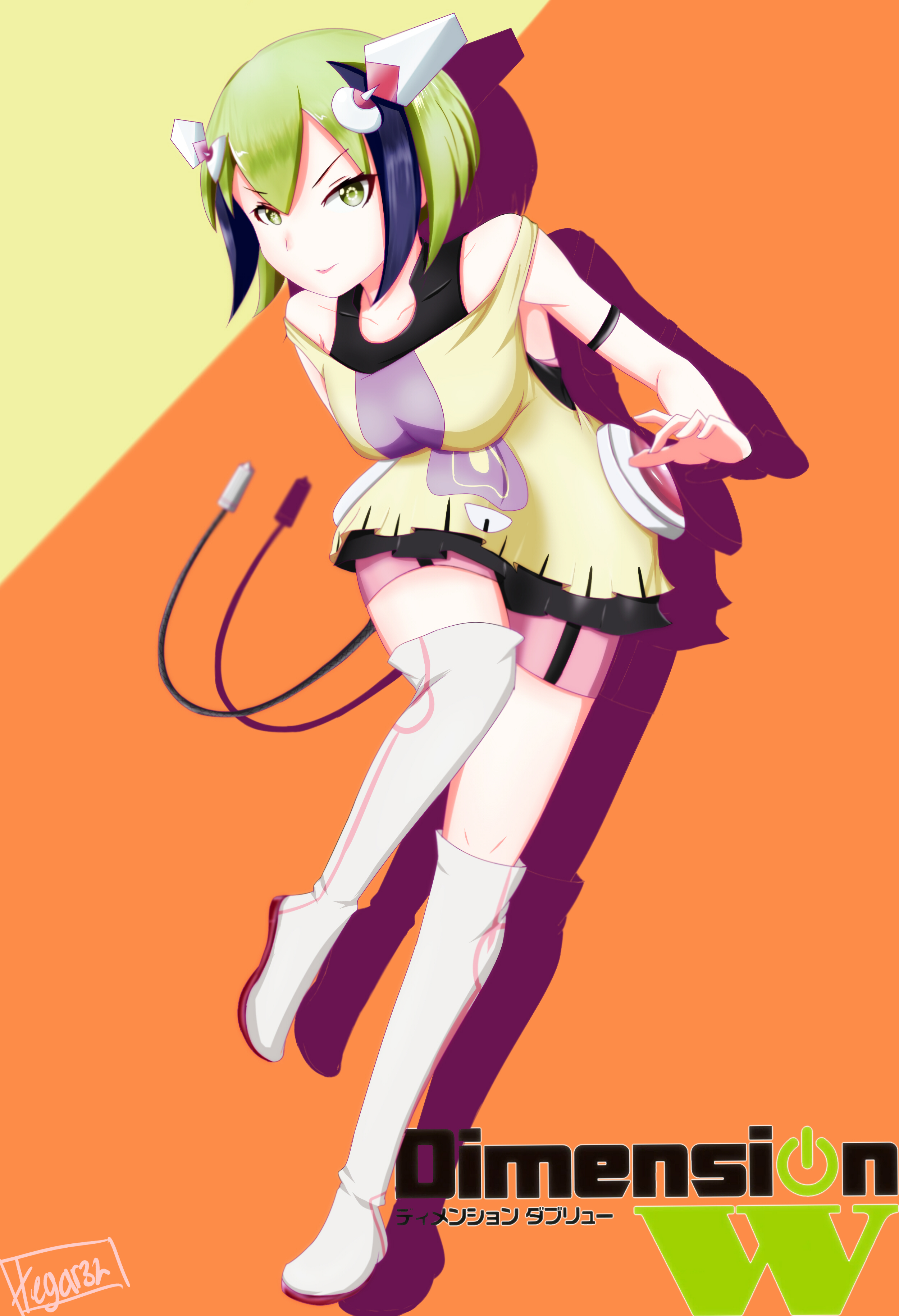 >:) 1girl absurdres artist_name bare_shoulders bike_shorts black_hair boots breasts cable cable_tail copyright_name dimension_w female_focus gar32 green_eyes green_hair highres knee_boots mechanical_tail medium_breasts multicolored_hair off_shoulder shadow short_hair single_knee_boot single_thigh_boot smile solo symbol-shaped_pupils tail thigh_boots thighhighs yurizaki_mira