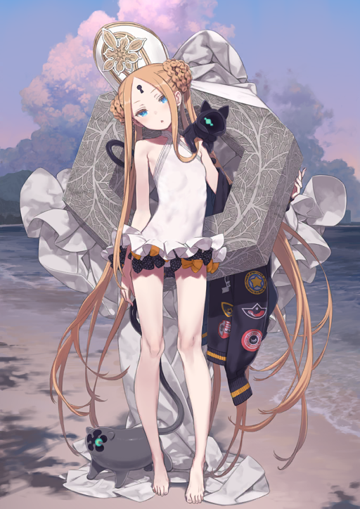 1girl :o abigail_williams_(fate) abigail_williams_(swimsuit_foreigner)_(fate) abigail_williams_(swimsuit_foreigner)_(second_ascension)_(fate) arm_at_side bare_legs bare_shoulders barefoot beach black_bow black_jacket blonde_hair blue_eyes bow bow_swimsuit braid braided_bun breasts cloud creature creature_on_shoulder double_bun fate/grand_order fate_(series) frilled_one-piece_swimsuit frills full_body game_cg hair_bun halterneck hand_up hat head_tilt hexagon holding holding_jacket holding_unworn_clothes horizon jacket keyhole kuroboshi_kouhaku long_hair long_sidelocks looking_at_viewer luthar_(fate) mitre nosh_(fate) ocean official_art on_shoulder one-piece_swimsuit orange_bow parted_bangs parted_lips sand sidelocks skinny sky small_breasts solo standing swimsuit third-party_source toes unworn_jacket variant_set very_long_hair very_long_sidelocks white_hat white_one-piece_swimsuit