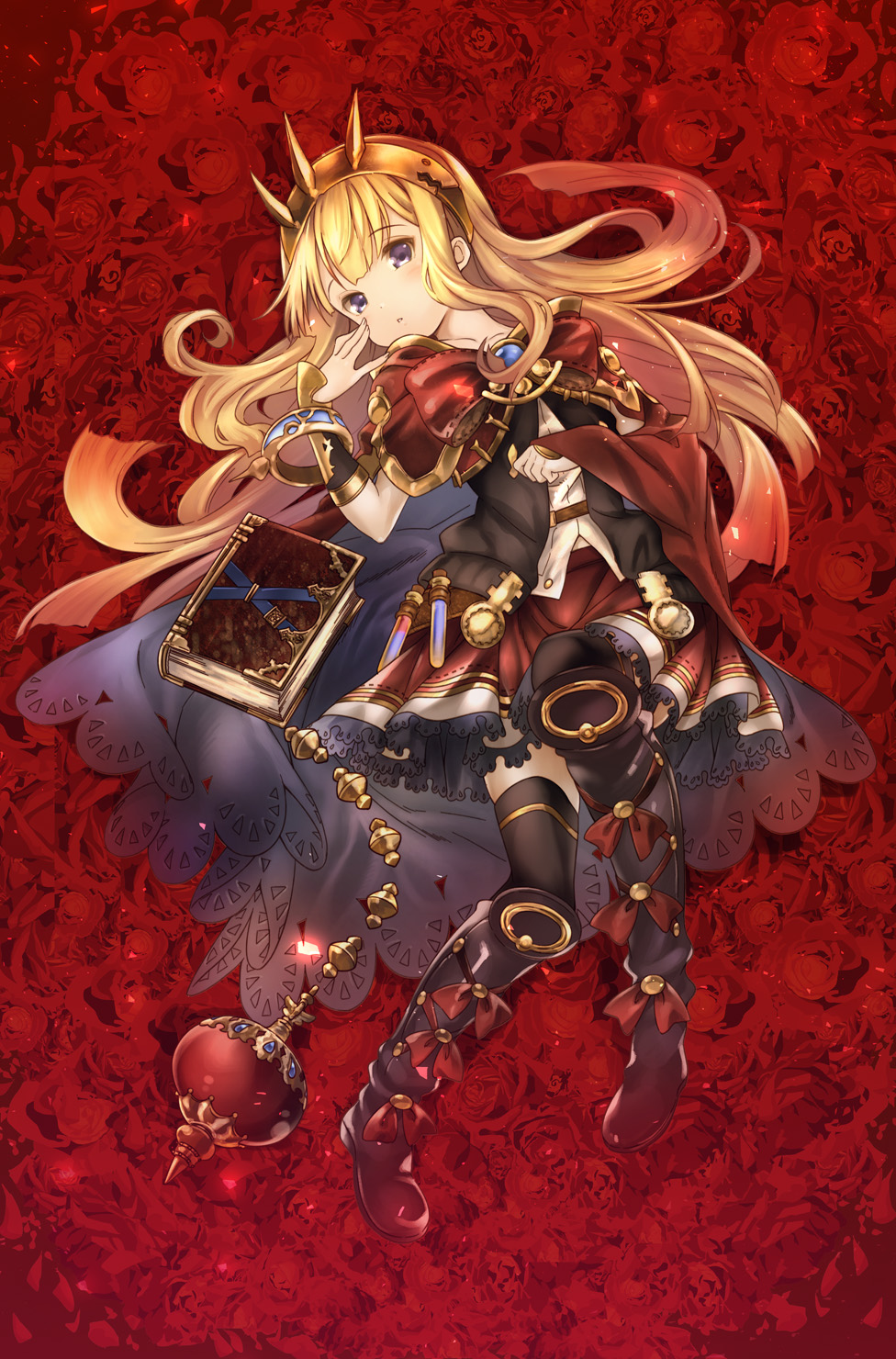 10s 1girl armor belt blonde_hair boots bow bracelet brooch cagliostro_(granblue_fantasy) cape female_focus flower full_body granblue_fantasy hairband head_tilt highres jewelry kawakami_shuuichi knee_boots long_hair lying on_back parted_lips purple_eyes red_background red_bow red_cape red_skirt revision ring rose skirt solo spiked_hairband spikes test_tube thighhighs