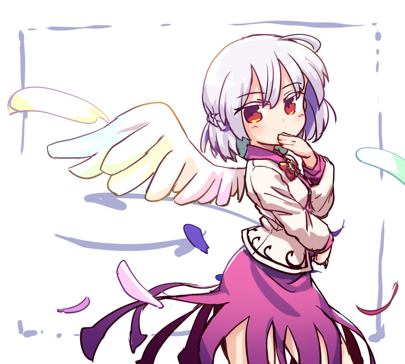 1girl ahoge bow bowtie braid brooch covered_mouth cowboy_shot dress feathered_wings feathers french_braid from_side hand_to_own_mouth hip_focus isu_(is88) jacket jewelry kishin_sagume legs long_sleeves looking_at_viewer purple_dress red_bow red_bowtie red_eyes short_hair simple_background single_wing solo standing touhou white_background white_jacket white_wings wings
