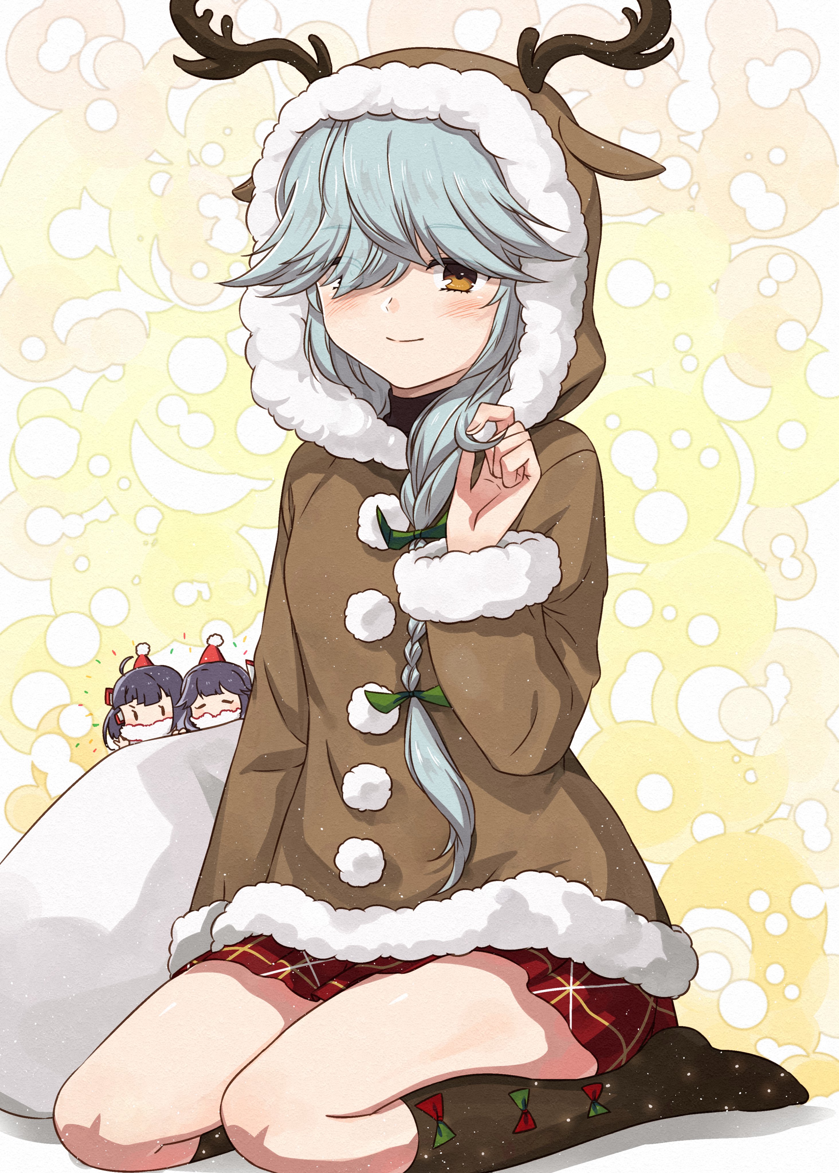 3girls absurdres animal_hood black_socks braid brown_coat brown_eyes brown_hood coat fujinami_(kancolle) grey_hair hair_over_eyes hamanami_(christmas)_(kancolle) hamanami_(kancolle) hayanami_(kancolle) highres hood kanmiya_shinobu kantai_collection long_hair mini_person minigirl multiple_girls plaid_clothes plaid_skirt red_skirt reindeer_hood single_braid skirt socks solo_focus