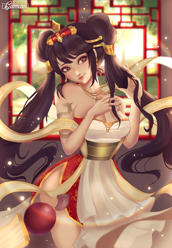 1girl adapted_costume alternate_costume alternate_eye_color alternate_hair_color arm_tattoo artist_name bare_shoulders breasts brown_eyes cleavage dragon_tattoo female_focus gumae guqin_sona hair_ornament head_tilt indoors jewelry large_breasts league_of_legends nail_polish necklace red_nails ring solo sona_(league_of_legends) tattoo twintails
