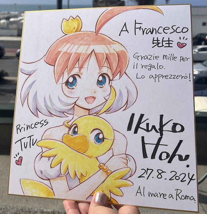 1girl ahiru_(duck)_(princess_tutu) ahiru_(princess_tutu) ahoge animal bare_shoulders bead_bracelet beads bird blue_eyes bracelet character_name copyright_name cropped dated duck heart holding holding_animal itou_ikuko jewelry light_blush long_eyelashes looking_to_the_side marker_(medium) multicolored_hair necklace official_art open_mouth pink_hair princess_tutu princess_tutu_(character) smile third-party_edit traditional_media translation_request two-tone_hair
