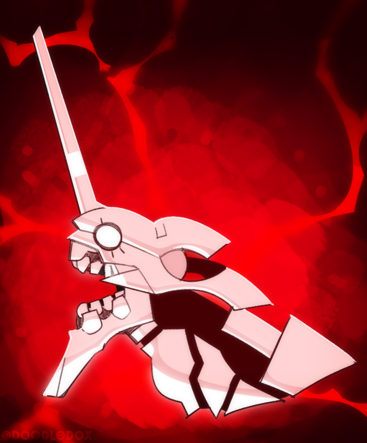 commentary doodledox english_commentary eva_01 evangelion_(mecha) from_side horns mecha mecha_focus neon_genesis_evangelion no_humans open_mouth profile robot science_fiction single_horn solo the_end_of_evangelion